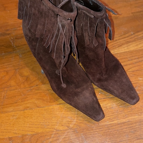 Nine west fringe chocolate heel moccasin boot fringe leather suede - Picture 1 of 6